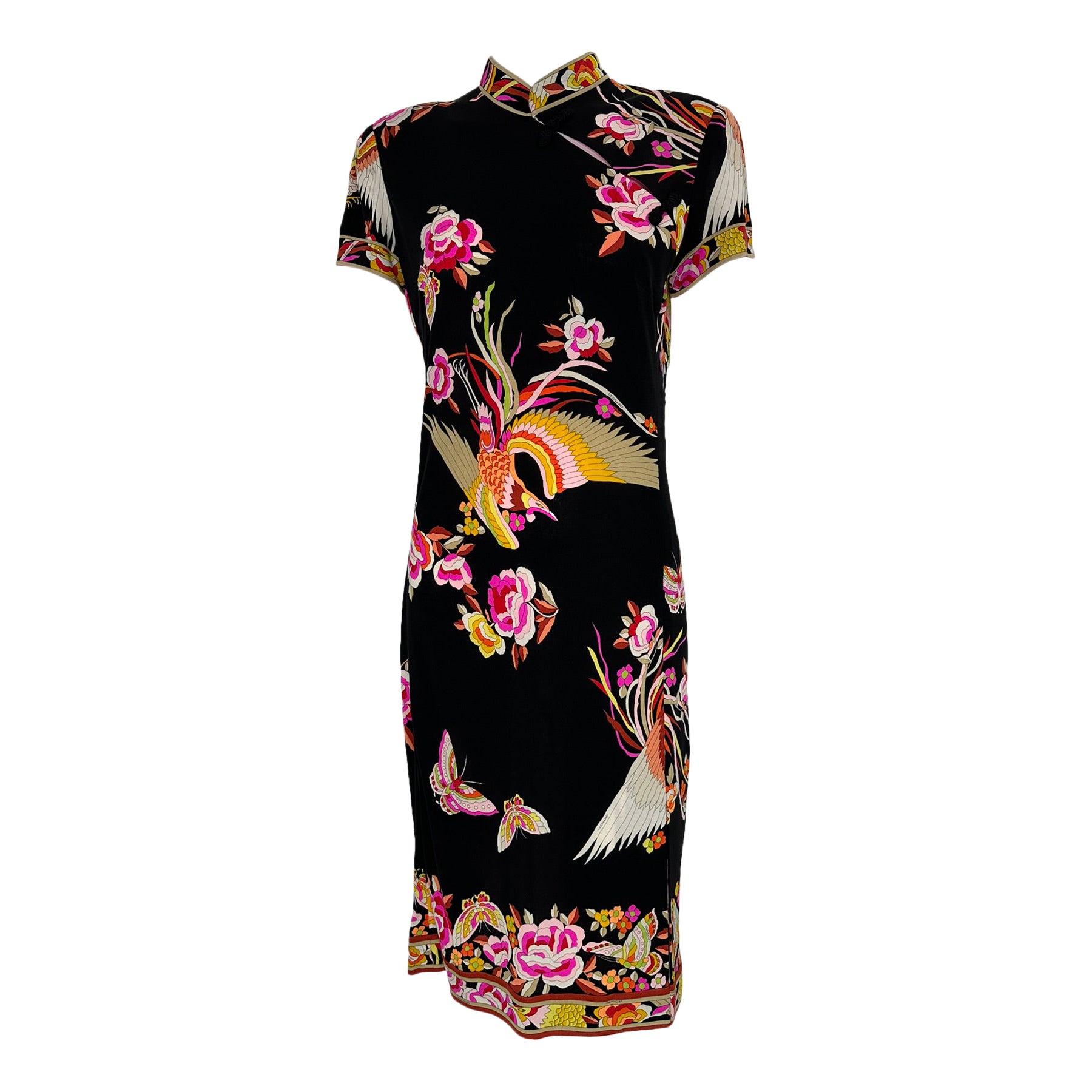 Leonard Paris Rare Cheongsam Style Silk Jersey Butterfly Phoenix Print Dress en venta