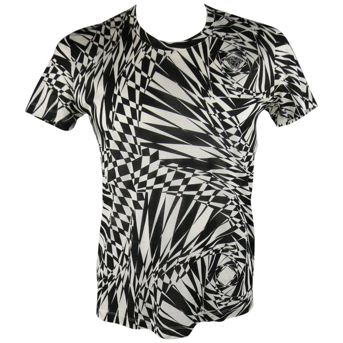 VERSACE Size L Black & White Geometric Medusa Print Sheer Cotton T-shirt