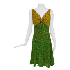 Etro Yellow/Green Mix Mini Floral Print V Neck Crochet Trim Sleeveless Dress 44