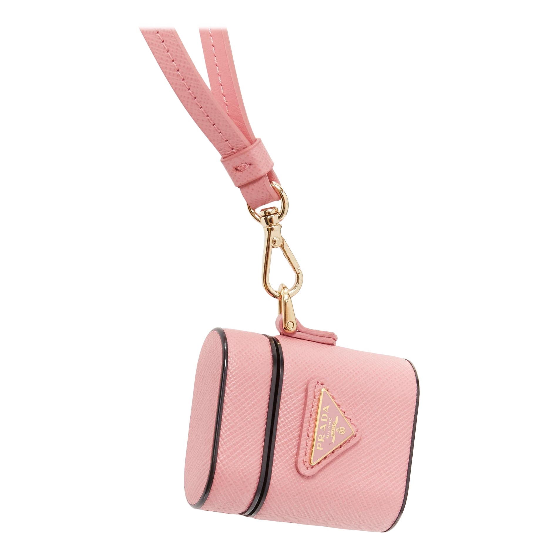 PRADA Symbole Triangle logo saffiano leather AirPods case lanyard pink in vendita