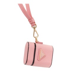 PRADA Symbole Triangle logo saffiano leather AirPods case lanyard pink