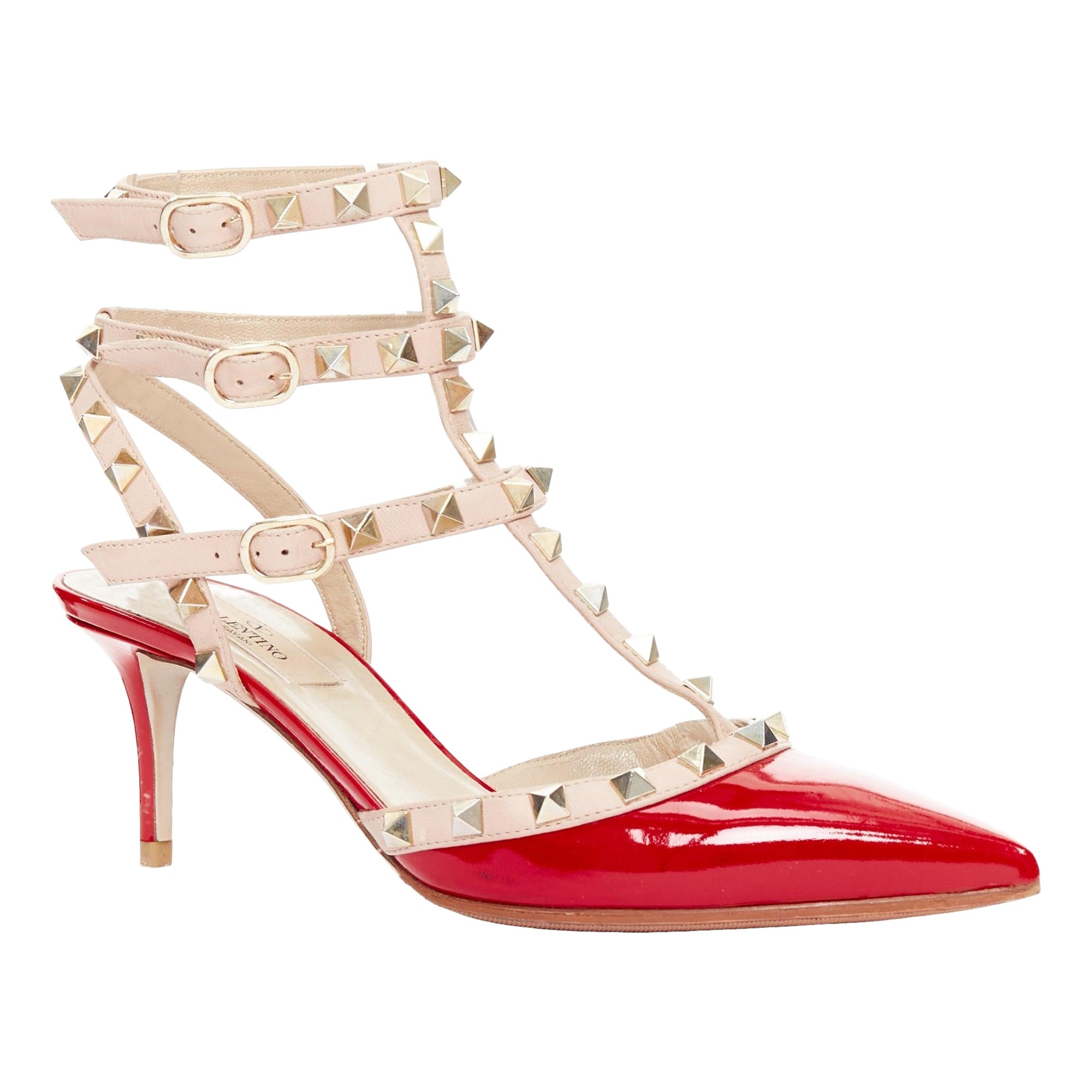 VALENTINO Rockstud rot Lack Käfig nackt Leder Riemchenabsätze EU38 im Angebot