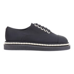 CHANEL black canvas pearl embellished trim fabric oxfords EU35.5