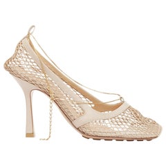 BOTTEGA VENETA Stretch nude leather fishnet square toe chain heels EU37