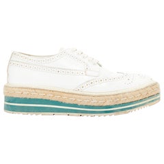 PRADA Wingtip white green leather espadrille wedged brogue oxfords EU35.5