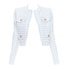 BALMAIN light blue white plaid tweed trim 4 pocket cropped jacket FR34 XS