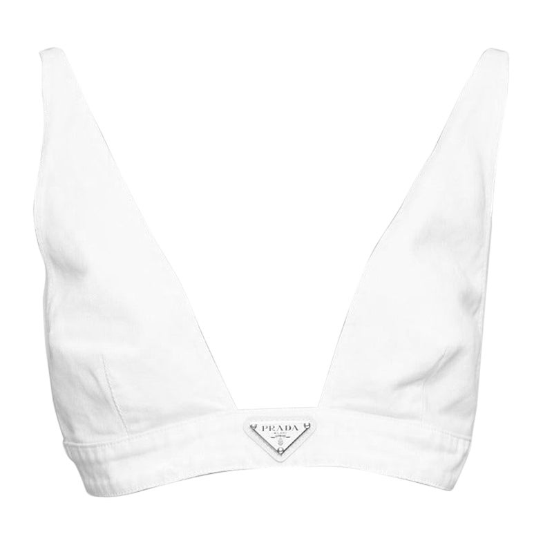 PRADA 2022 white distressed denim triangle logo plunge bralette crop top IT42 M im Angebot