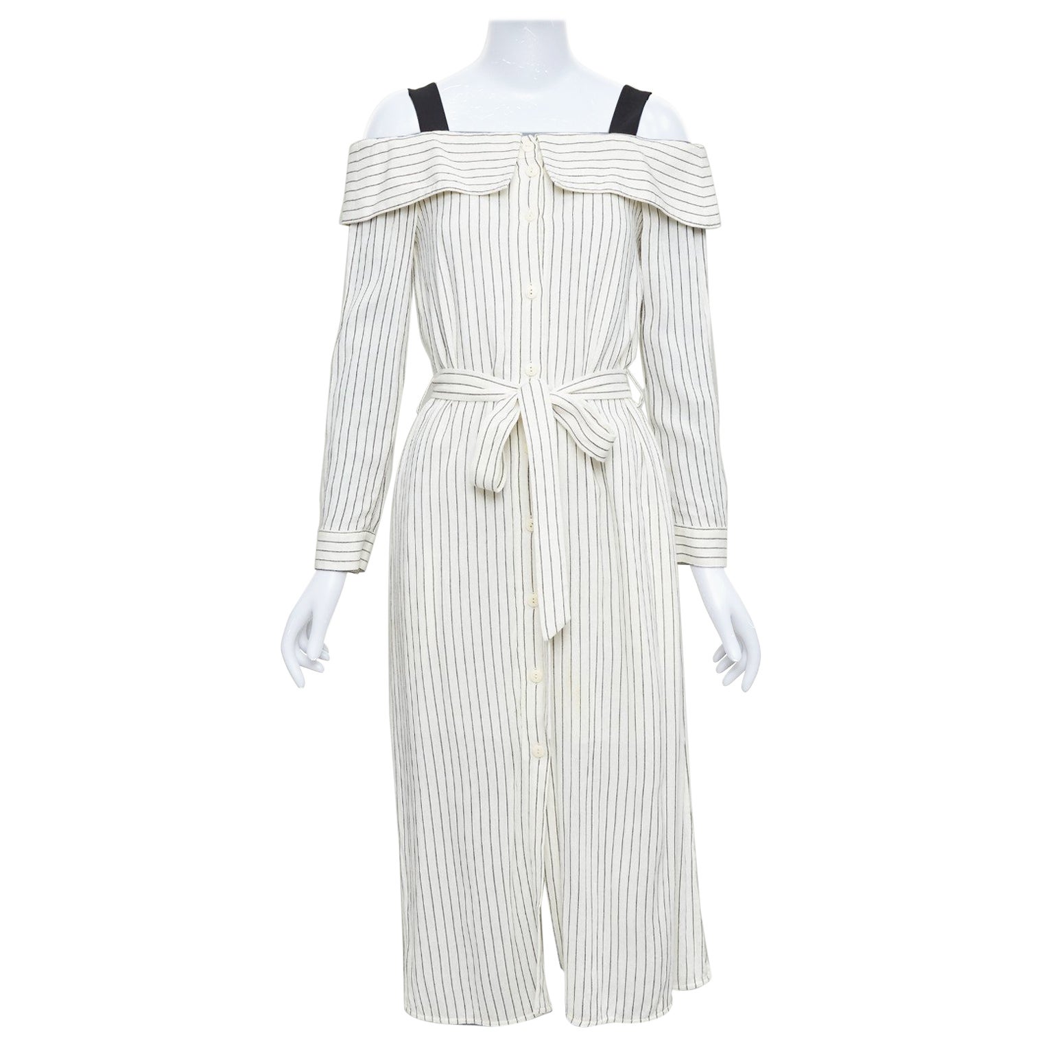 TIBI cream grey pinstriped off shoulder black contrast tie waist dress US4 S en vente