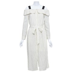TIBI cream grey pinstriped off shoulder black contrast tie waist dress US4 S