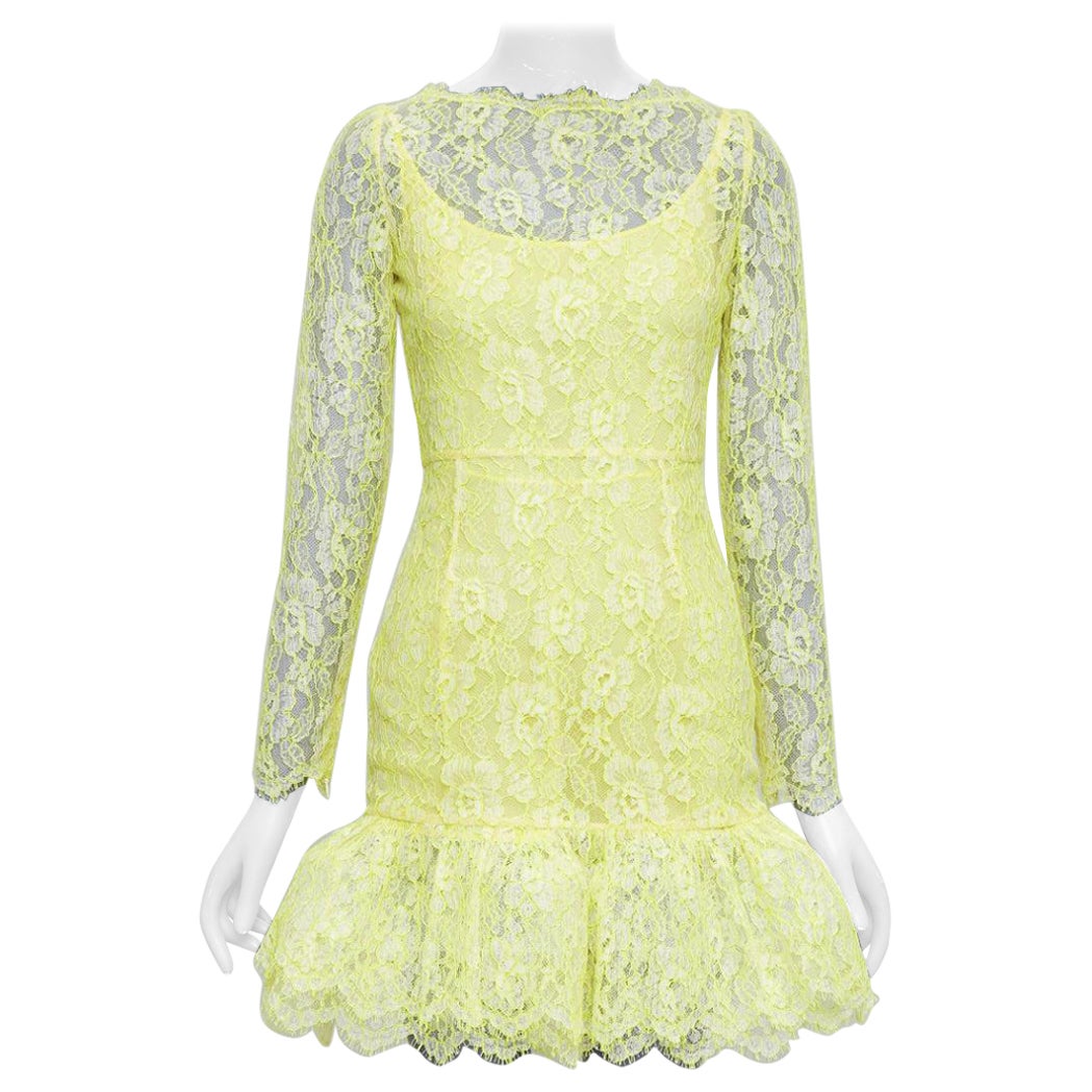 VALENTINO neon yellow cream lace silk lined tulle trim mini dress im Angebot