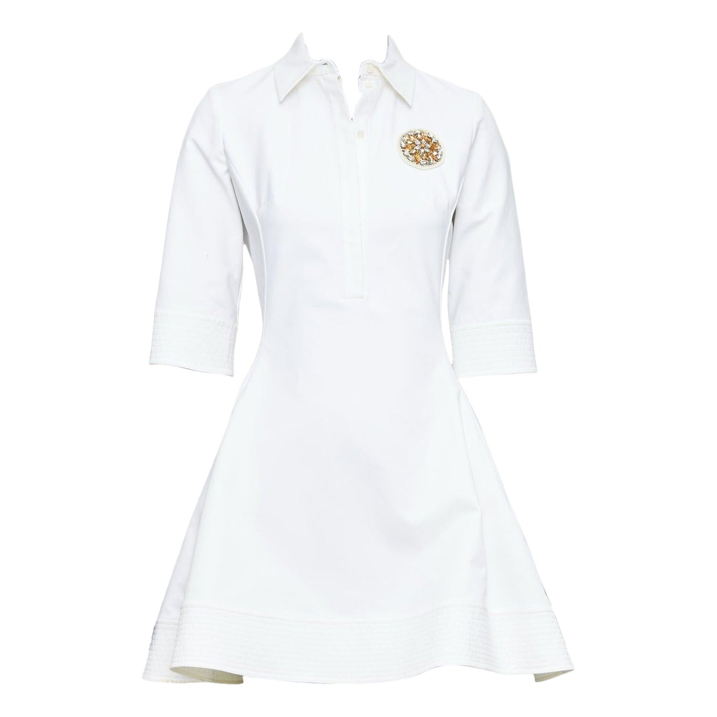 CHRISTIAN DIOR vestido camisero con broche de cristal en mezcla de algodón crema FR34 XS en venta
