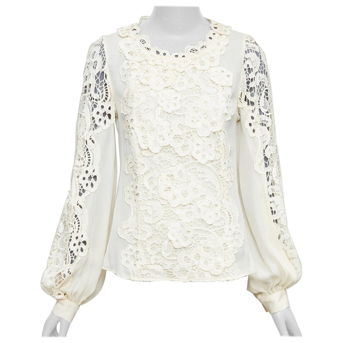Oscar De La Renta crema 100% seta, pizzo floreale, camicetta peasant con applicazioni US2 S in vendita