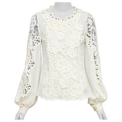 OSCAR DE LA RENTA cream 100% silk floral lace Appliqué peasant blouse US2 S
