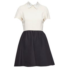 VALENTINO cream black silver studded leather collar bicolor cocktail dress