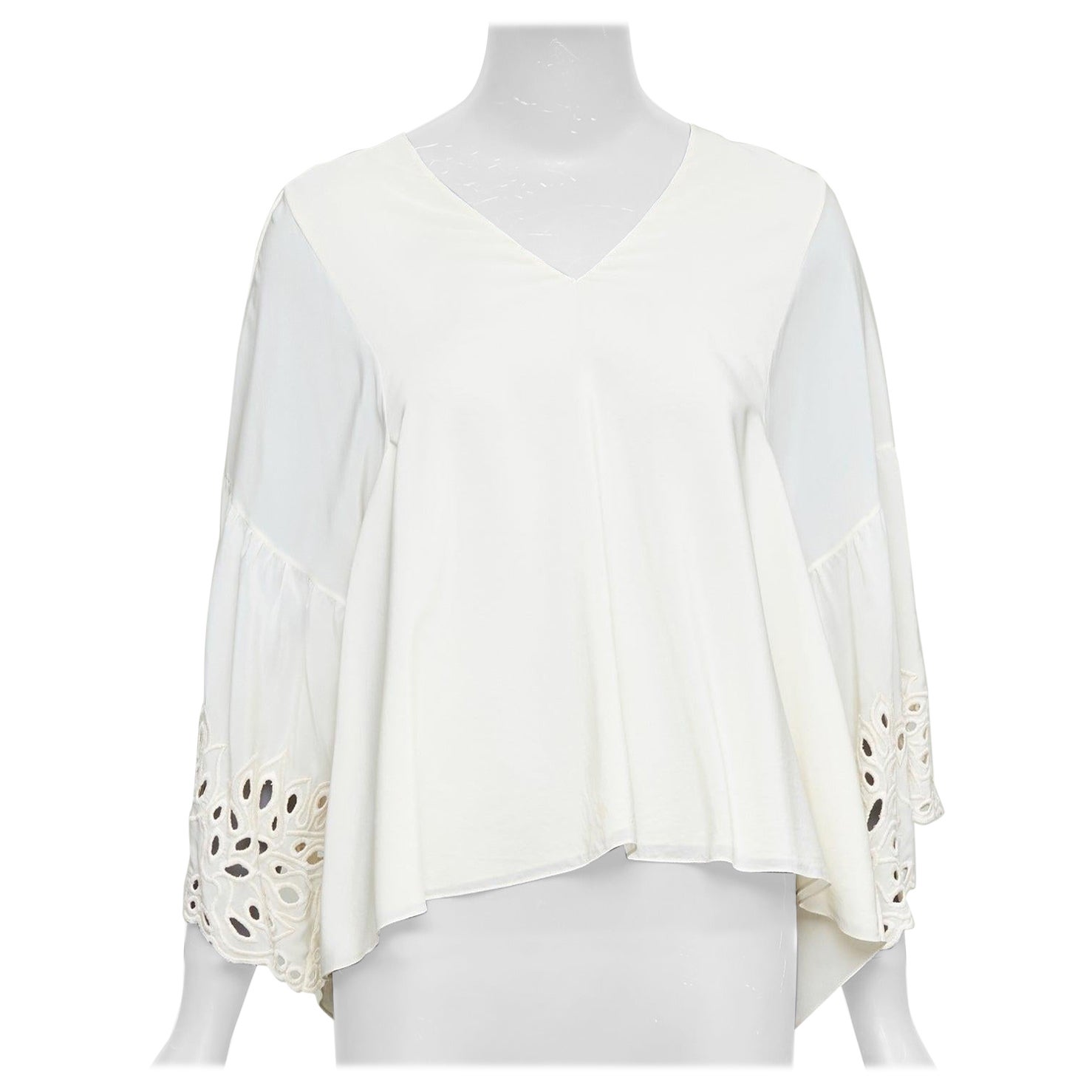 CHLOE crema latte 100% seta cotone pizzo occhiello bordo contadino camicetta FR34 XS in vendita