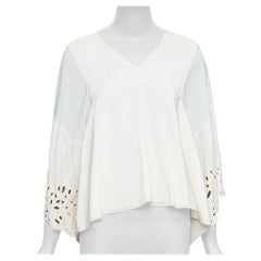 CHLOE milk cream 100% silk cotton lace eyelet trim peasant blouse FR34 XS