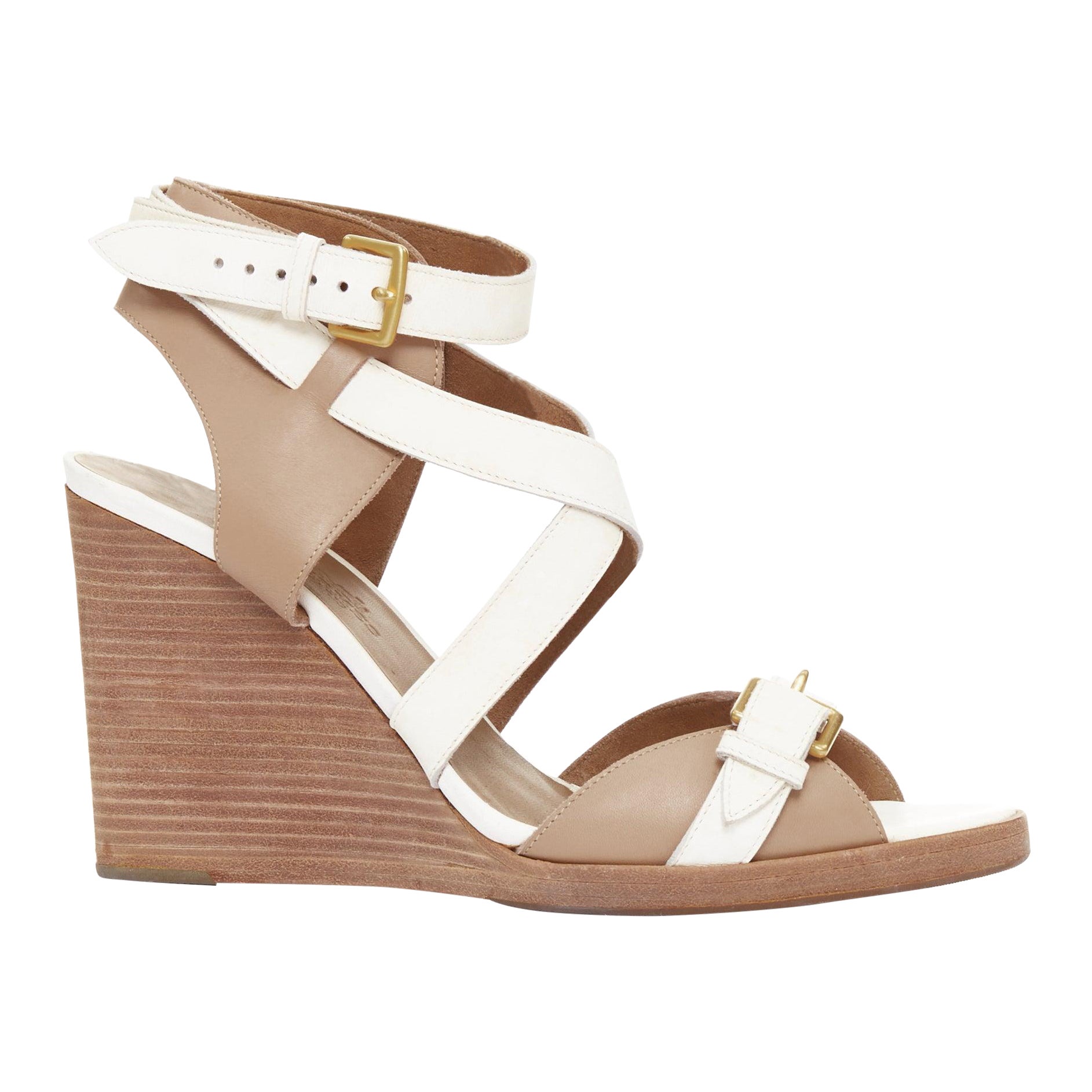 HERMES Giorno cream brown leather wood wedge gladiator sandals EU37 im Angebot