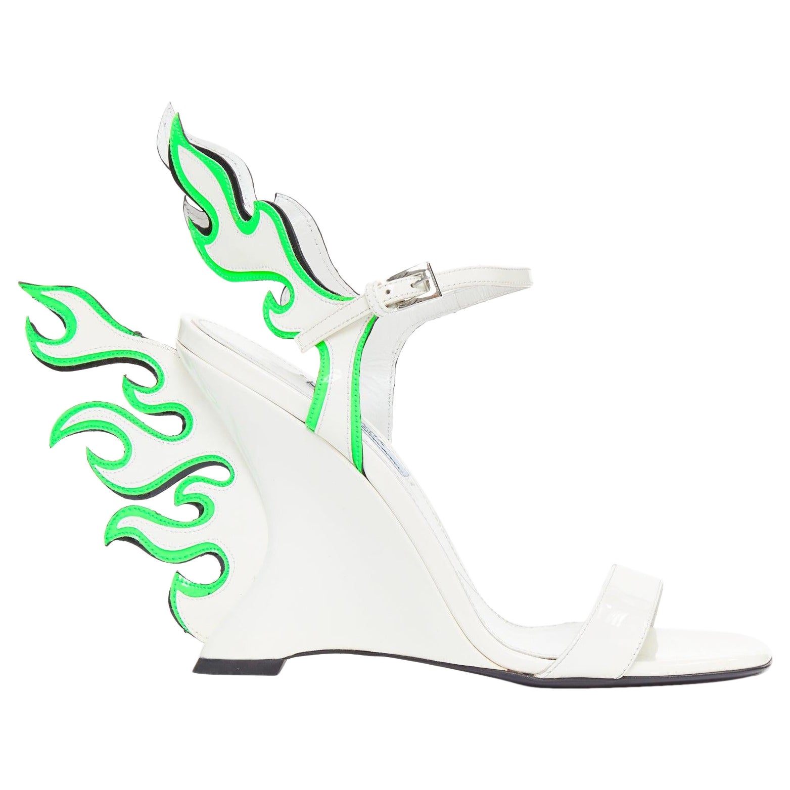 rare PRADA 2018 Flame Wedge white neon green patent Fire heel sandal EU37 en venta