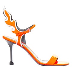 PRADA 2018 Flame bright orange patent Fire mid heel sandal EU37.5