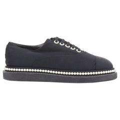 CHANEL black monochrome fabric faux pearl lace up derbies EU37.5