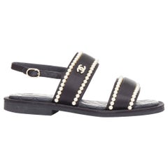 CHANEL 2022 black pearl embellished satin CC flat dad sandals EU36.5