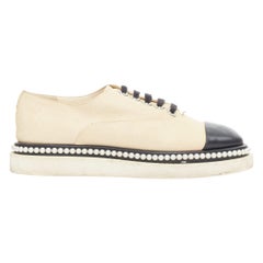 CHANEL beige black monochrome leather faux pearl lace up derbies EU35.5
