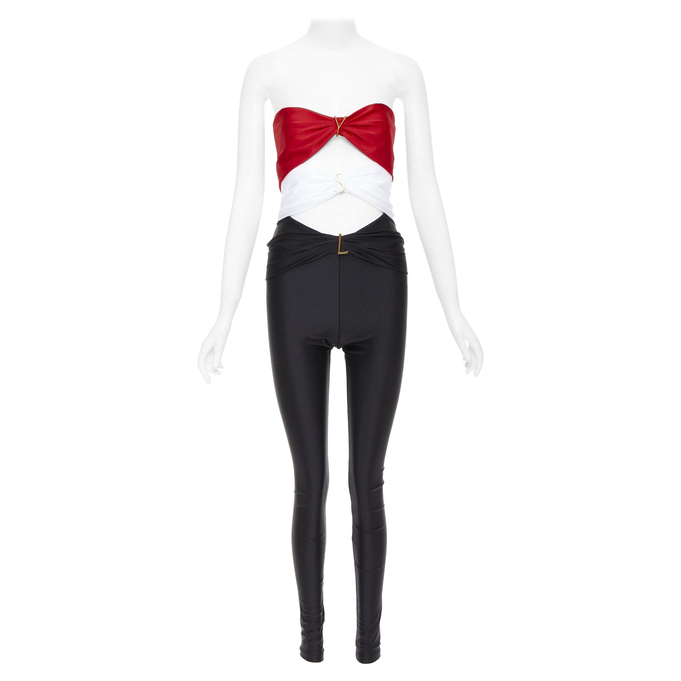 Saint Laurent 2022 Runway cutout bandeau rouge noir logo YSL catsuit Sz.2 S en vente