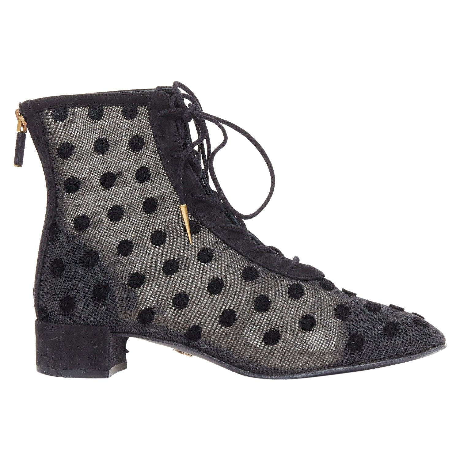 DIOR Naughtily-D schwarz gepunktetes Netz Goldspitze Stiefeletten EU36.5 im Angebot