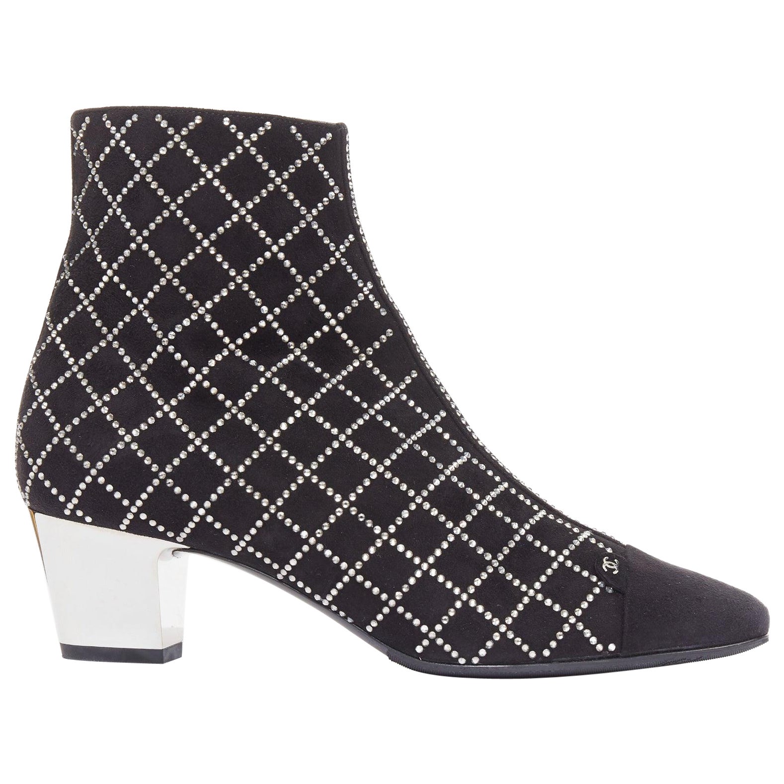 Chanel 2019 noir kid suede silver crystal CC logo acrylic heel boots EU37 en vente