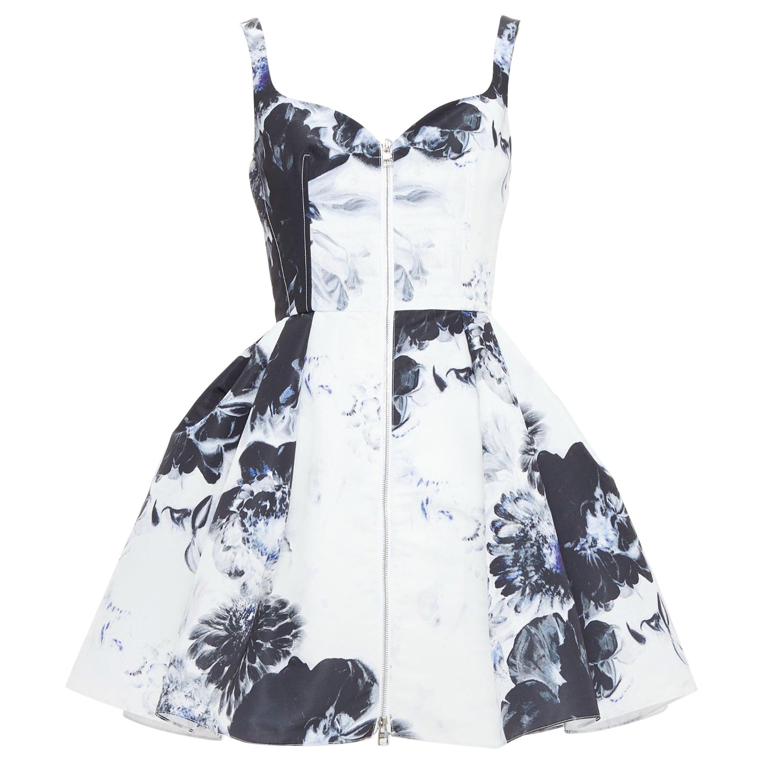 ALEXANDER MCQUEEN 2023 Vestido con cremallera y estampado floral en tinta claroscuro IT38 XS en venta