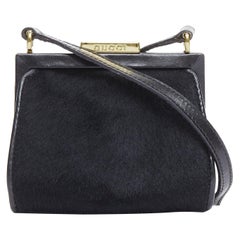 GUCCI Vintage Old Haroco black pony hair gold logo frame crossbody mini bag