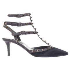 VALENTINO Rockstud Noir black horsehair silver studs pointy cage sandals EU37.5