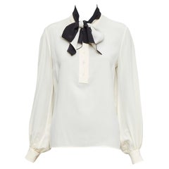 LANVIN cream 100% silk black contrast tie neck peasant blouse FR34 XS