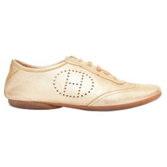 HERMES Pewter gold metallic perforated H leather laced flat sneakers EU37