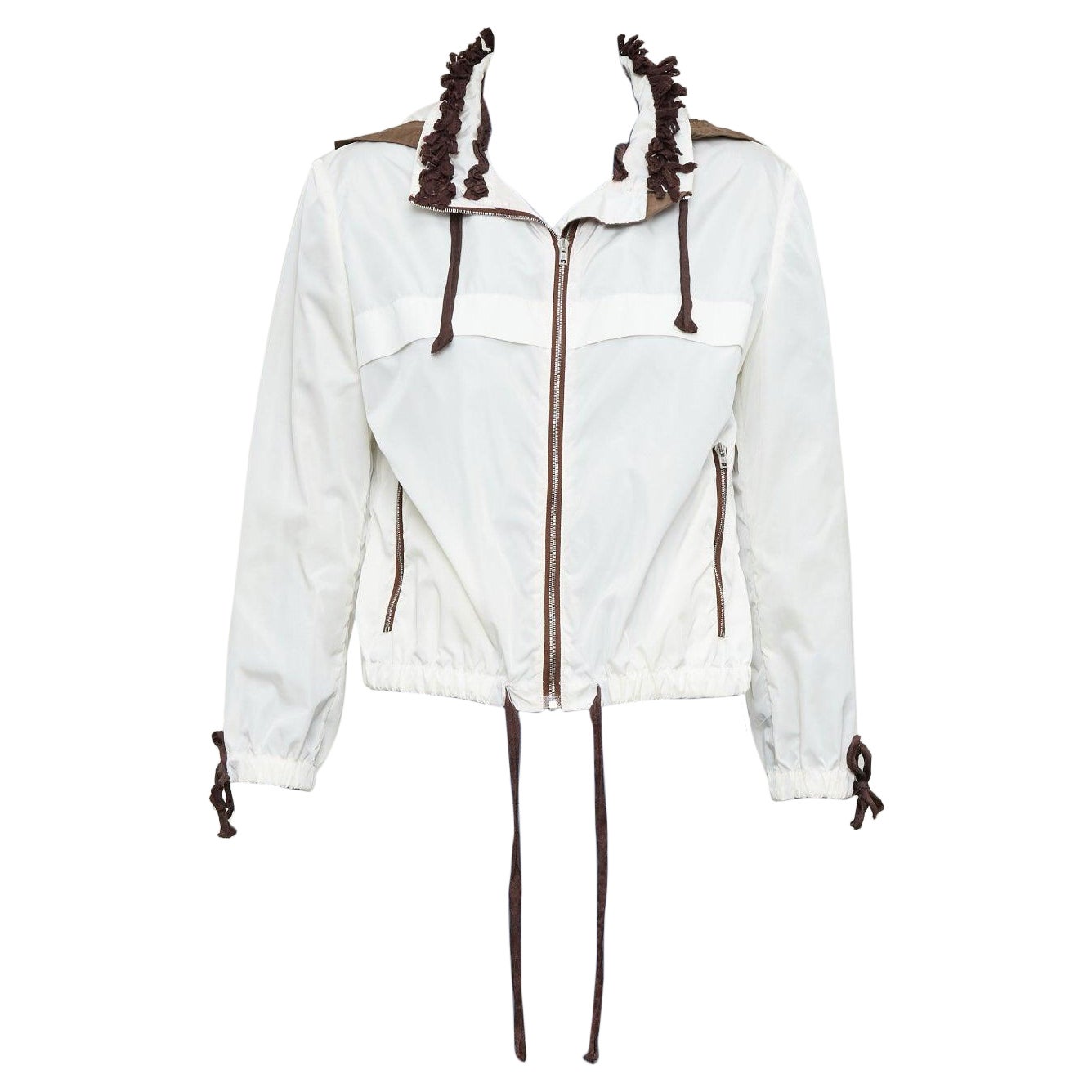 MIU MIU cream brown nylon ruffle lace trim cropped windbreaker IT42 M en venta