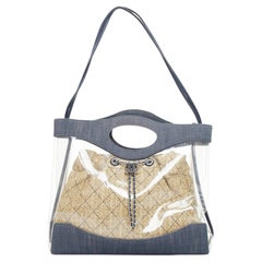 CHANEL 2019 31 clear PVC denim trim beige raffia lined tote bag