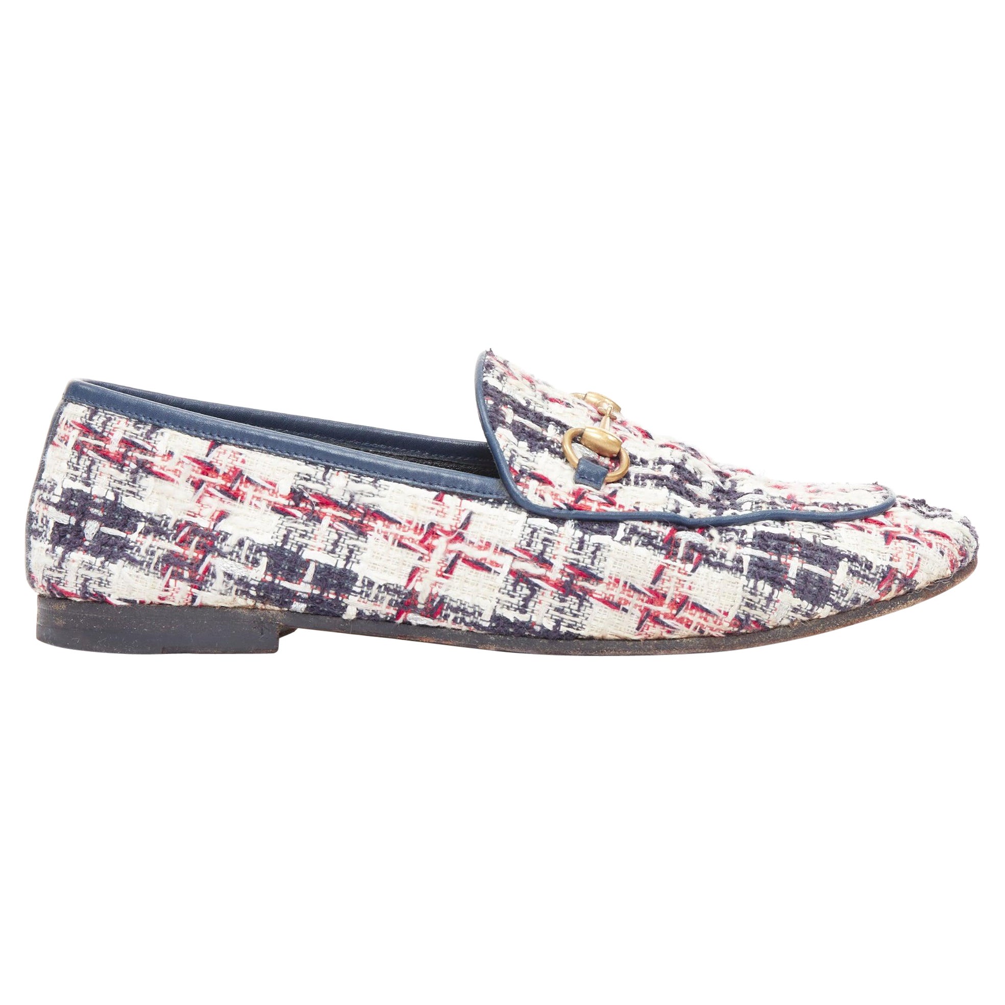 Gucci Jordaan rouge bleu crème tweed or horsebit checked flat loafers EU37.5 en vente