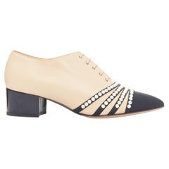 CHANEL nude black goatskin grosgrain pearl cap toe lace up oxfords EU38