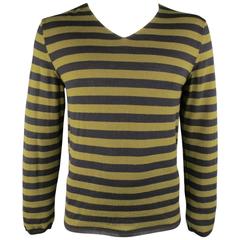 COMME des GARCONS BLACK Size XL Olive & Black Striped Wool V Neck Pullover