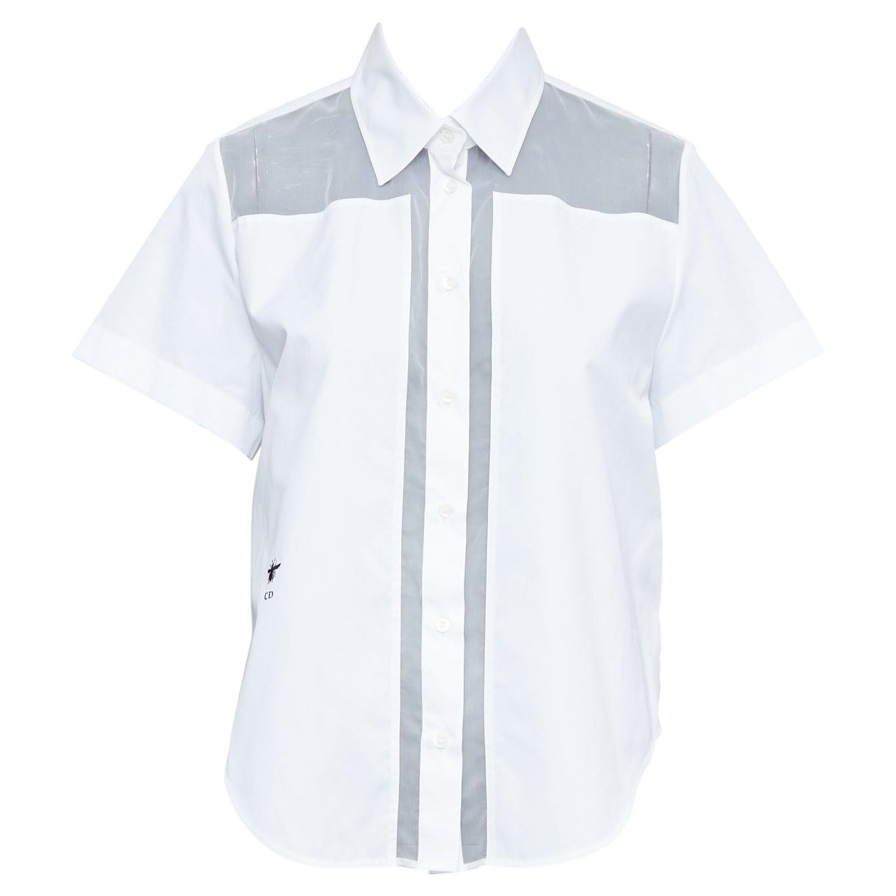 CHRISTIAN DIOR 100% silk white cotton trim sheer panel logo shirt FR34 XS im Angebot