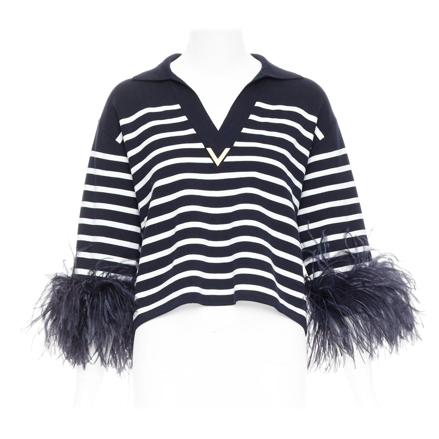Valentino 2024 VGold navy white striped ostrich feather trim sleeve polo top XS in vendita