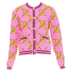 GUCCI PIKARAR pink yellow cotton Kawaii Lion GG monogram cropped cardigan XXS