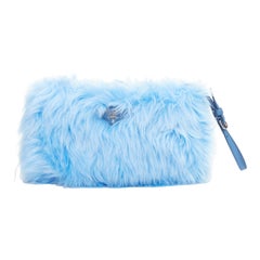 PRADA light blue faux fur triangle logo wristlet clutch bag