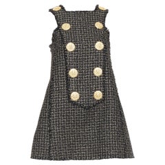 BALMAIN black gold Lion Heart metallic tweed Aline swing mini dress FR34 XS