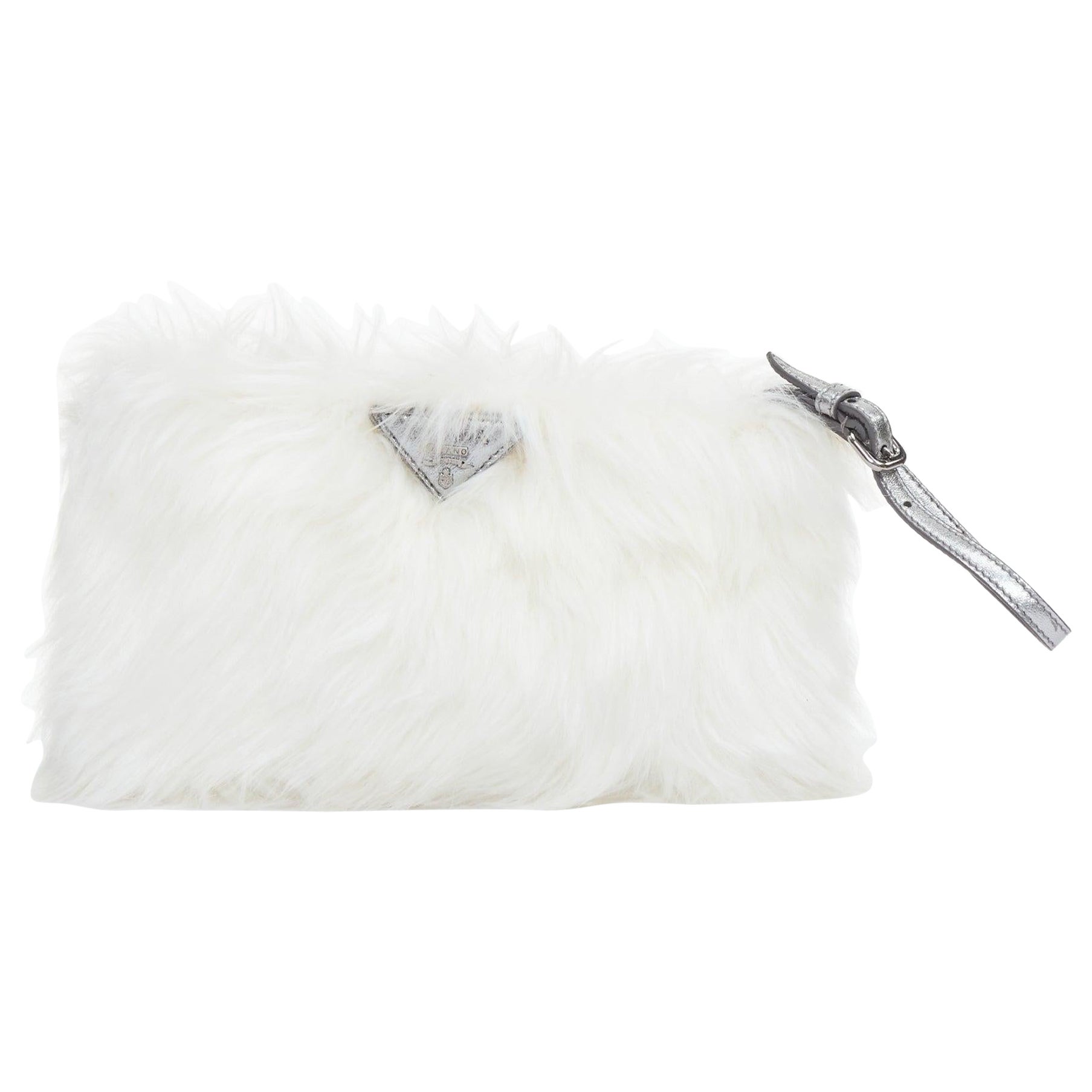 PRADA white faux fur silver triangle logo wristlet clutch bag im Angebot