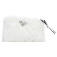 PRADA white faux fur silver triangle logo wristlet clutch bag