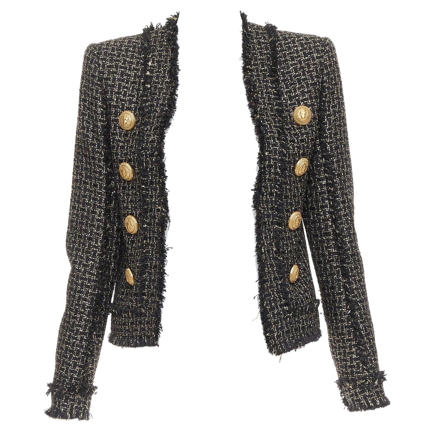 BALMAIN black gold tweed gold lion head buttons power jacket FR34 XS im Angebot