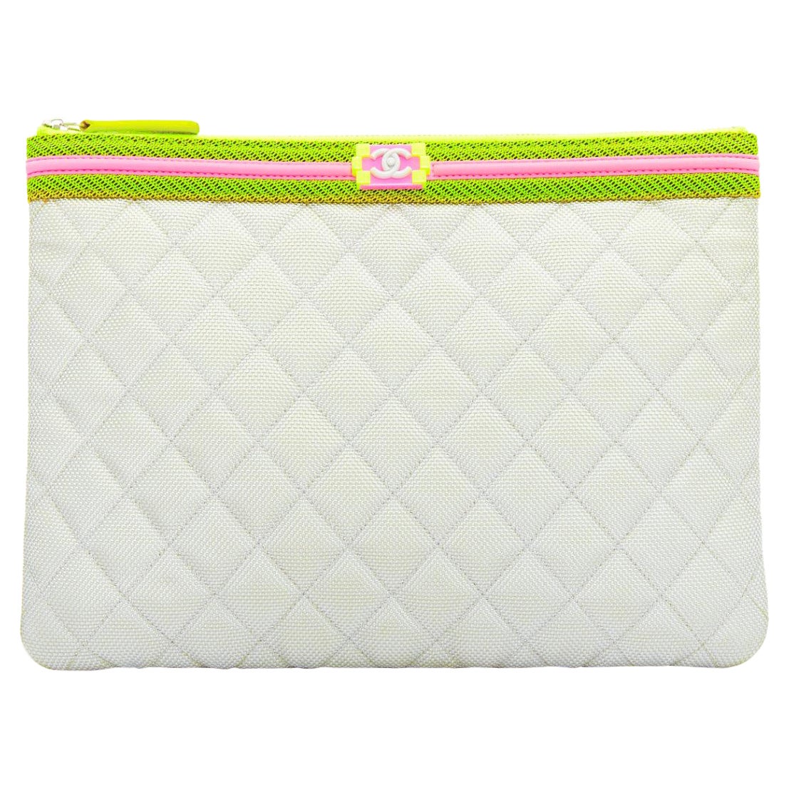 CHANEL Fluo Boy O-Case quilted grey neon pink yellow nylon clutch bag en vente