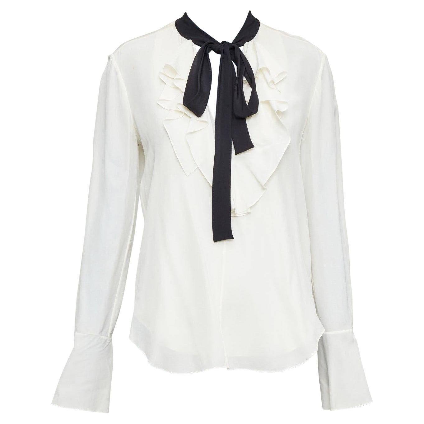 CHLOE milk cream black 100% silk ruffled peasant blouse tie neck FR36 S en vente