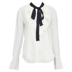 CHLOE milk cream black 100% silk tie neck ruffled peasant blouse FR36 S